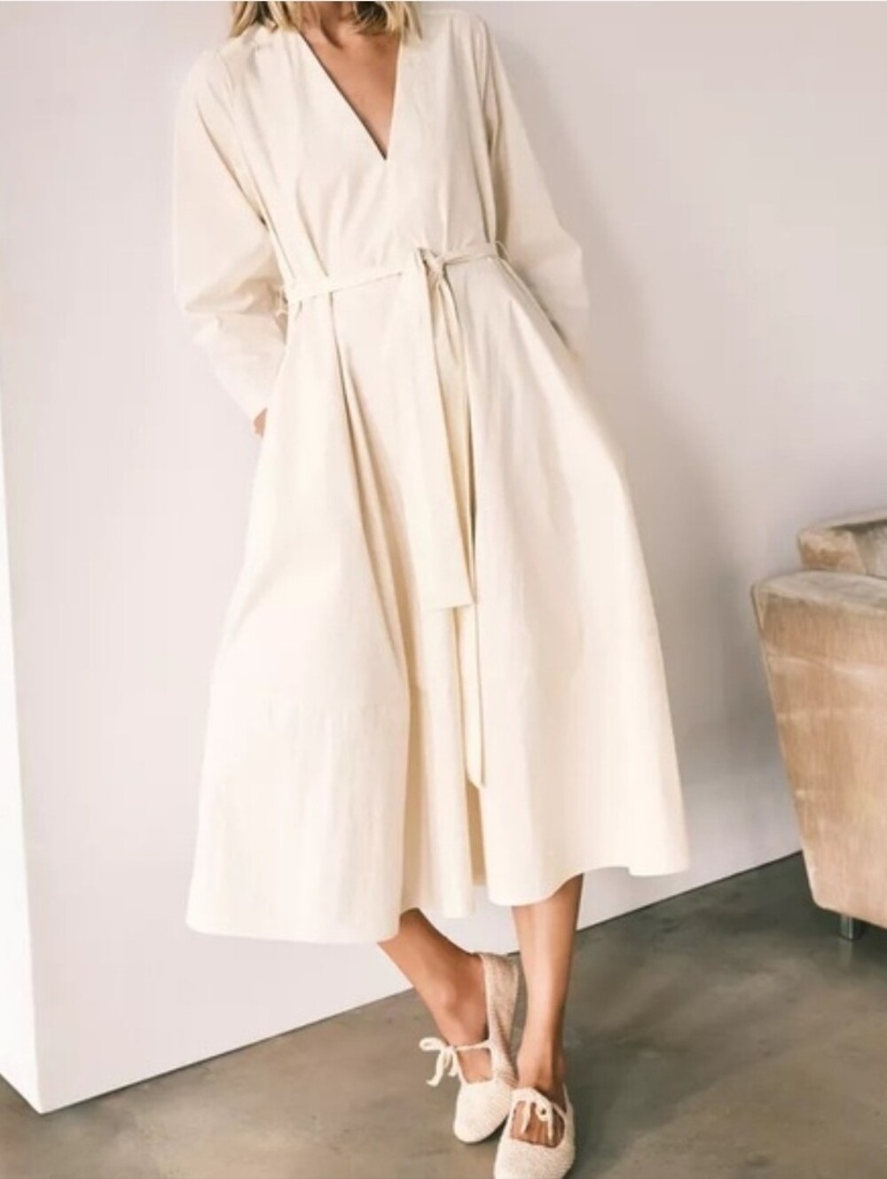 Sz XS M ZARA ZW COLLECTION BELTED MIDI DRESS Ecru 3168 325 New